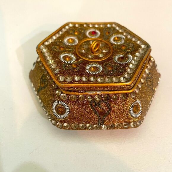 Hexagonal Mosaic Jeweled Gold Trinket Box - Picture 1 of 6